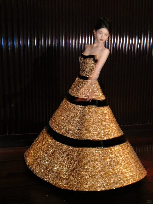 Shiny Golden Sequin Ball Gown Strapless Long Party Dress Prom Dress Formal Dress SH3853