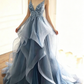 Elegant A Line Straps Blue Lace Layered Tulle Prom Dress Graduation Prom Dress P01330