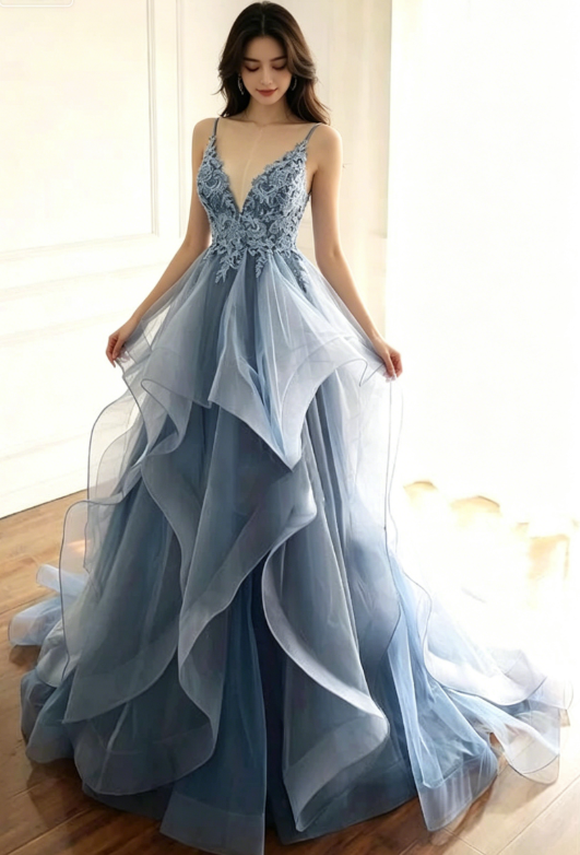Elegant A Line Straps Blue Lace Layered Tulle Prom Dress Graduation Prom Dress P01330