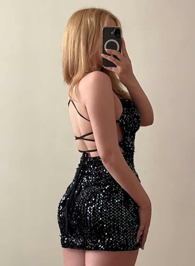 Sheath Spaghetti Straps Colourful Sequin Backless Short Prom Dress Homecoming Dress Outfits SH6836