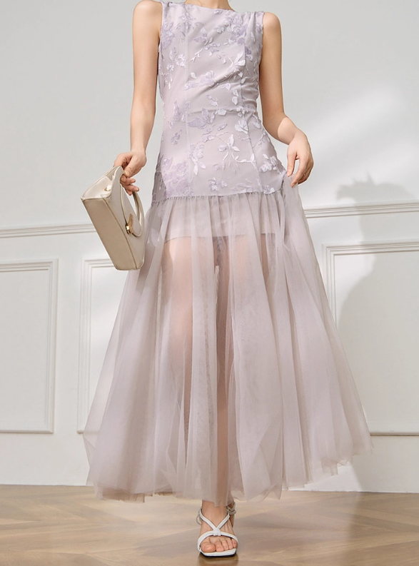 Purple A Line Round Neck Print Floral Tulle Satin Prom Dress Outfits SH4733