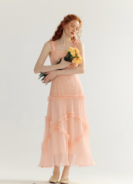 Orange-pink A Line Spaghetti Strap Lace Long Prom Dress Party Dress SH4146