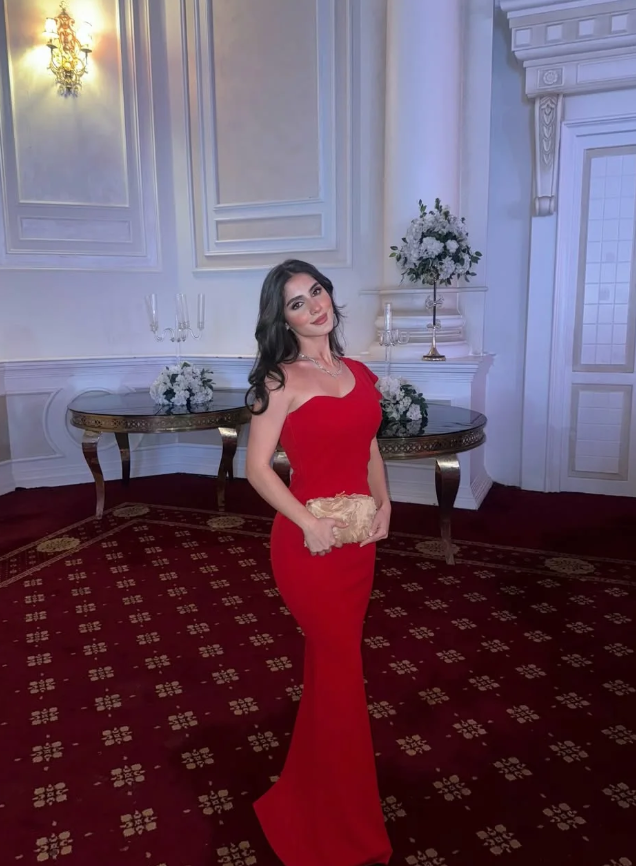 Charming Red Sheath One Shoulder Satin Prom Dress Wedding Guest Dress SH6019