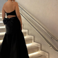 Unique Mermaid Strapless Black Tulle Satin Long Prom Dress Evening Dress with Bow SH2266