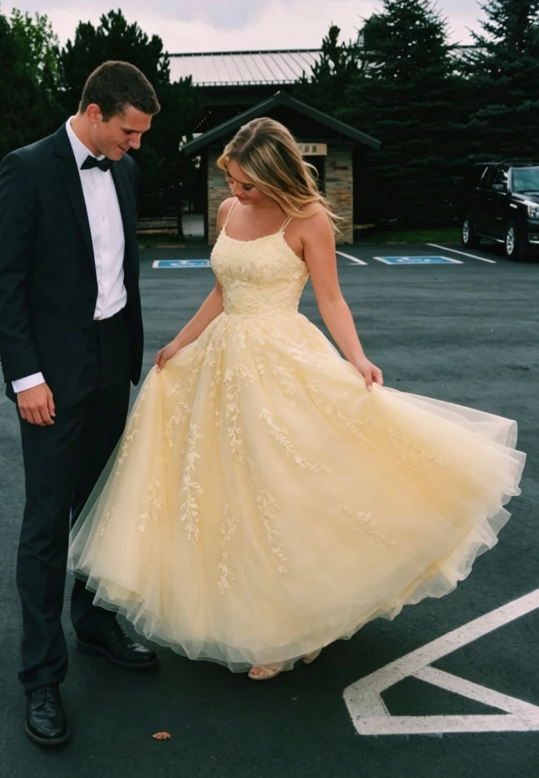 Hot Yellow A Line Straps Lace Tulle Long Prom Dress Graduation Prom Dress SH046