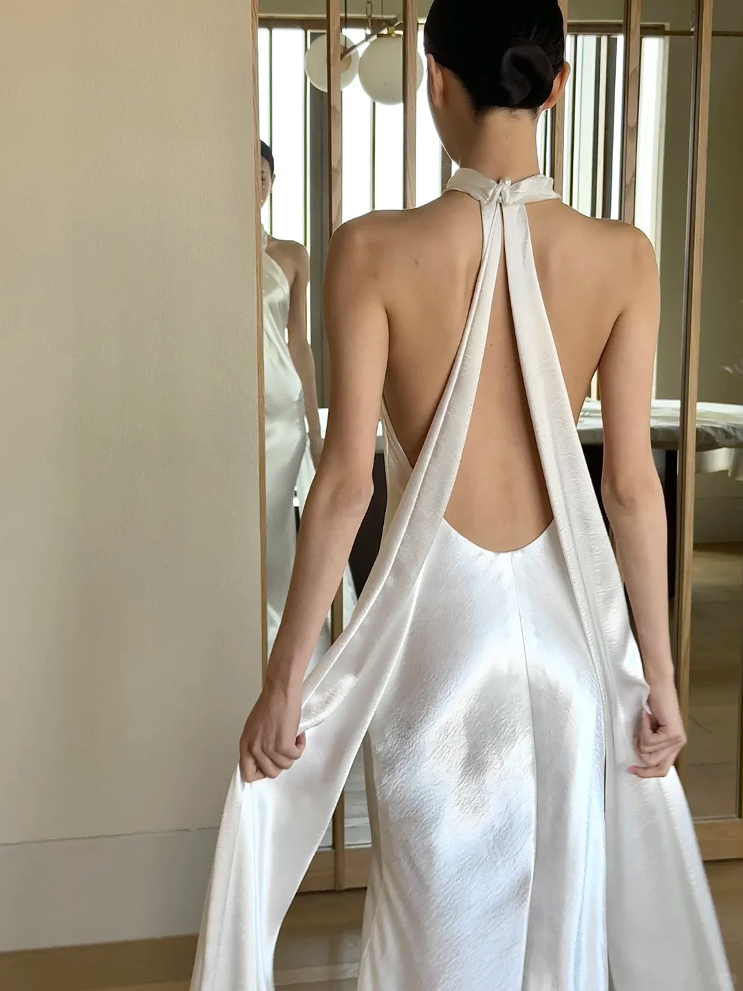 Charming Mermaid Halter White Satin Open Back Long Wedding Dress SH4756