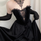 Vintage Black A Line Sweetheart Neck Velvet Satin Prom Dress Evening Dress SH6340