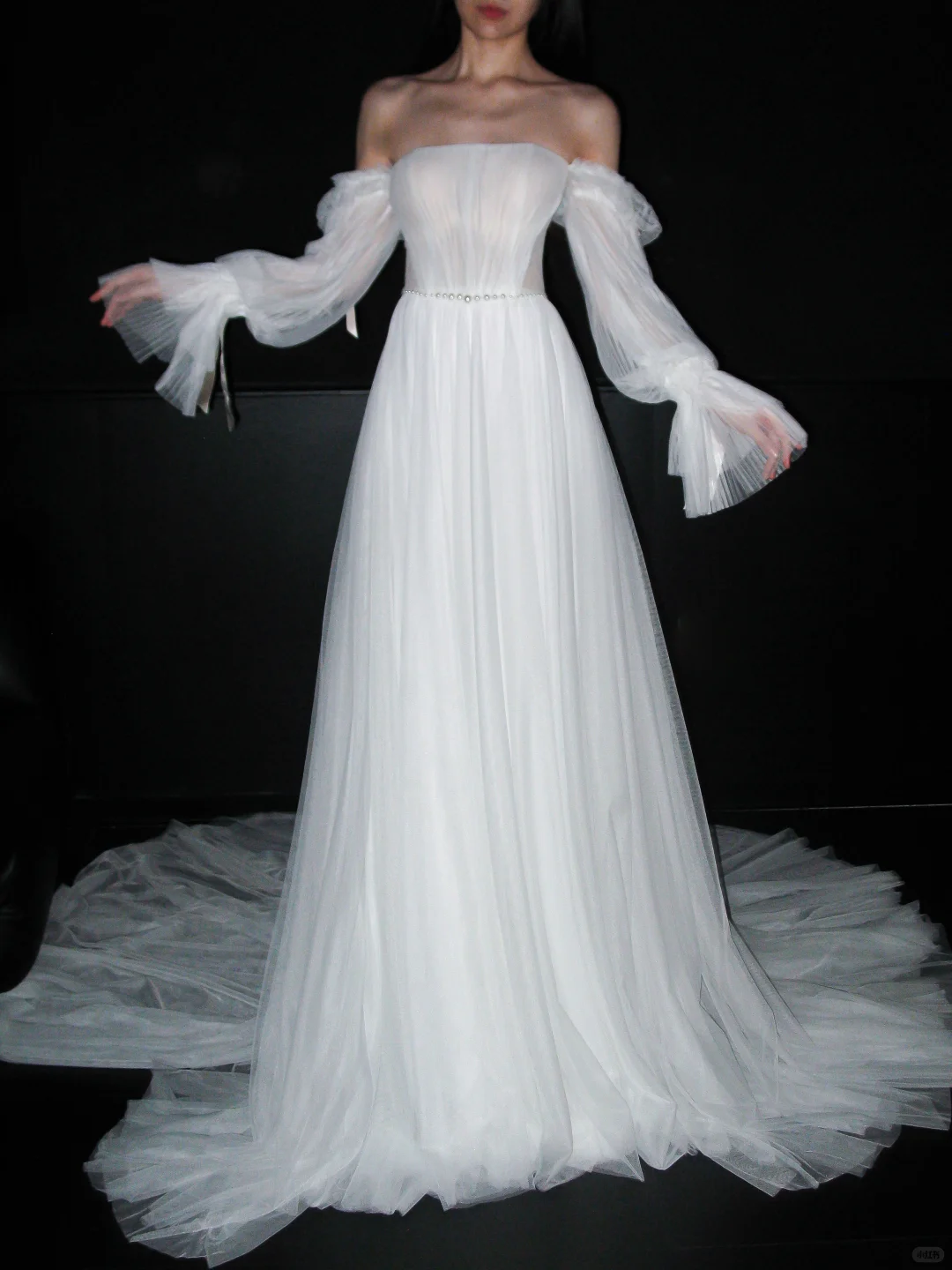 Gentle Ball Gown Long Seelve White Tulle Long Train Wedding Dress SH6679