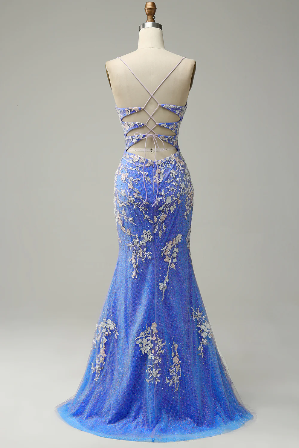Charming Mermaid V Neck Light Blue Long Prom Dress With Appliques  SH616