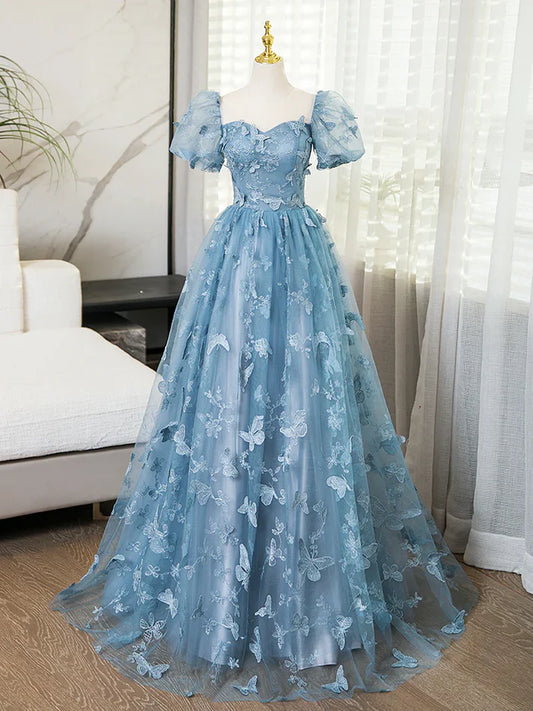 3D Butterfly Applique A Line Puff Sleeves Tulle Lace Gray Blue Sweet Long Prom Dress for Birthday SH3572