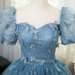 3D Butterfly Applique A Line Puff Sleeves Tulle Lace Gray Blue Sweet Long Prom Dress for Birthday SH3572