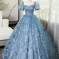 3D Butterfly Applique A Line Puff Sleeves Tulle Lace Gray Blue Sweet Long Prom Dress for Birthday SH3572
