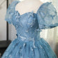 3D Butterfly Applique A Line Puff Sleeves Tulle Lace Gray Blue Sweet Long Prom Dress for Birthday SH3572