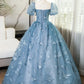 3D Butterfly Applique A Line Puff Sleeves Tulle Lace Gray Blue Sweet Long Prom Dress for Birthday SH3572