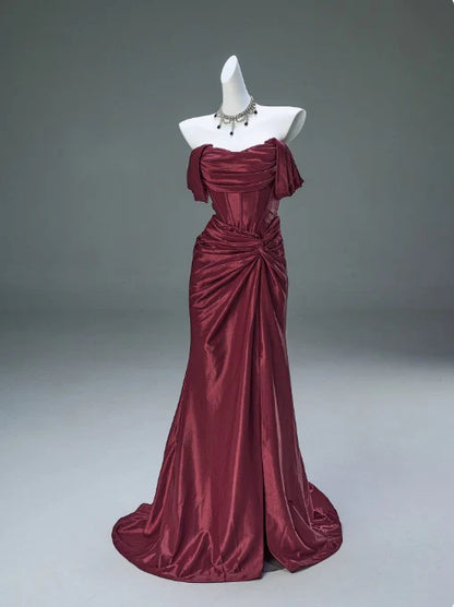 Elegant Mermaid Off-the-Shoulder Pleated Satin Long Evening Dress Graduation Prom Dress SH2558