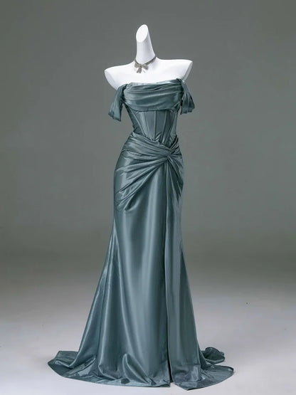 Elegant Mermaid Off-the-Shoulder Pleated Satin Long Evening Dress Graduation Prom Dress SH2558