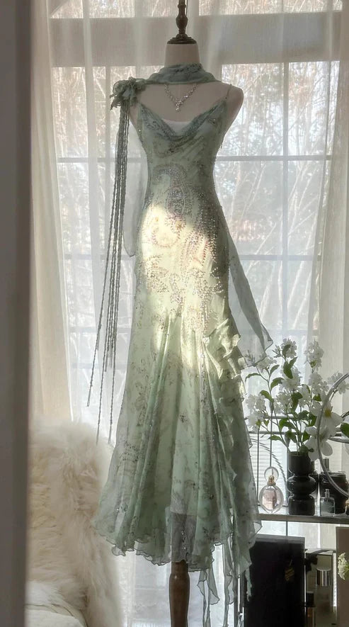 Gentle Mermaid Spaghetti Strap Beaded Ruffle Chiffon Prom Dress Graduation Prom Dress SH2665