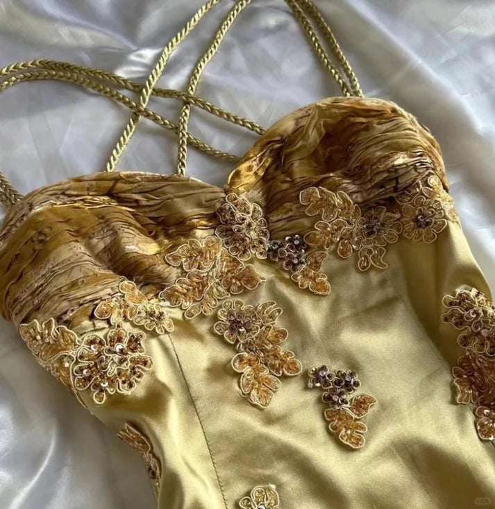 Gold Vintage Floral Satin Applique Spaghetti Straps Chiffon Prom Dresses Party Dresses SH3571