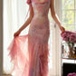 Fairytale Pink Mermaid Spaghetti Strap Beaded Ruffle Chiffon Prom Dress SH2664