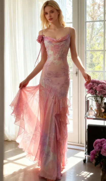 Fairytale Pink Mermaid Spaghetti Strap Beaded Ruffle Chiffon Prom Dress SH2664
