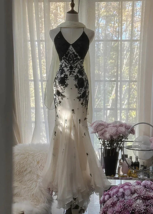 Gentle Mermaid Spaghetti Strap Black Appliques Chiffon Prom Dress Graduation Prom Dress SH2461