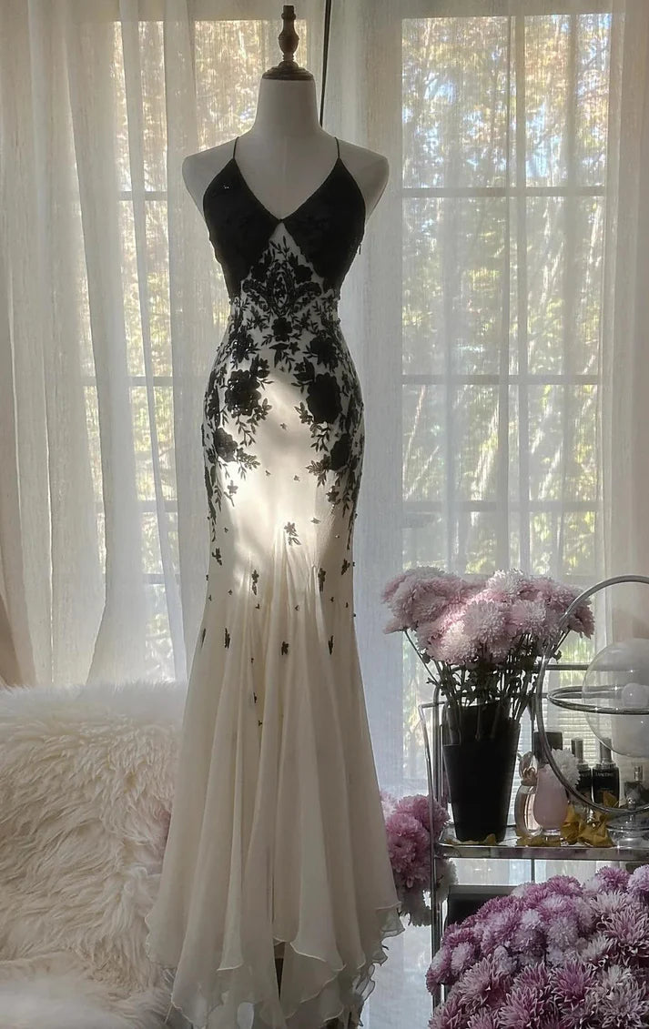 Gentle Mermaid Spaghetti Strap Black Appliques Chiffon Prom Dress Graduation Prom Dress SH2461