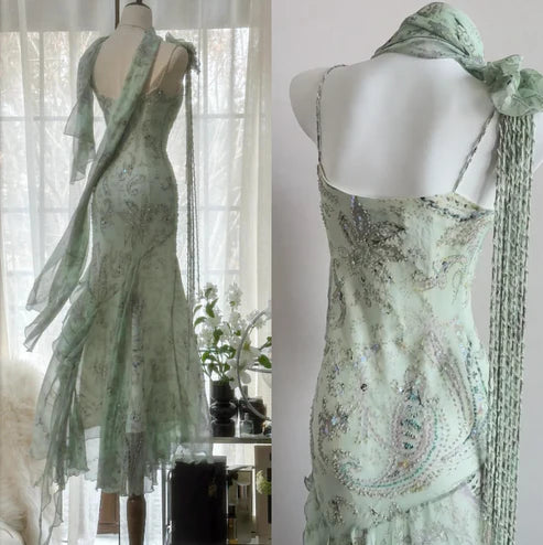 Gentle Mermaid Spaghetti Strap Beaded Ruffle Chiffon Prom Dress Graduation Prom Dress SH2665