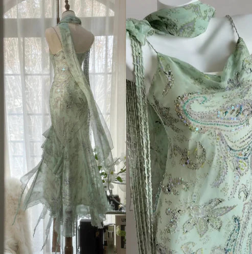 Gentle Mermaid Spaghetti Strap Beaded Ruffle Chiffon Prom Dress Graduation Prom Dress SH2665