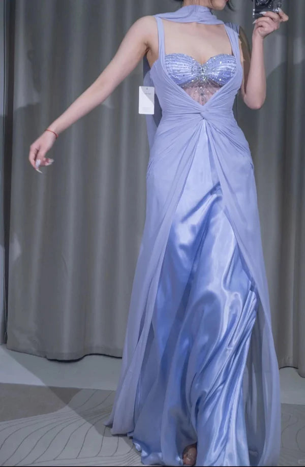 Gentle Purple A Line Strap Beaded Chiffon Satin Prom Dress Evening Dress SH3774