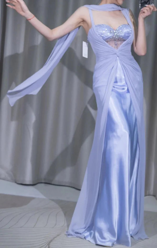 Gentle Purple A Line Strap Beaded Chiffon Satin Prom Dress Evening Dress SH3774