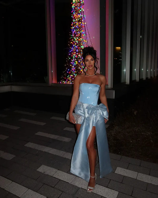 Big Blue Bow Sheath Strapless Satin Short Homecoming Dress Cocktail Dress SH3805