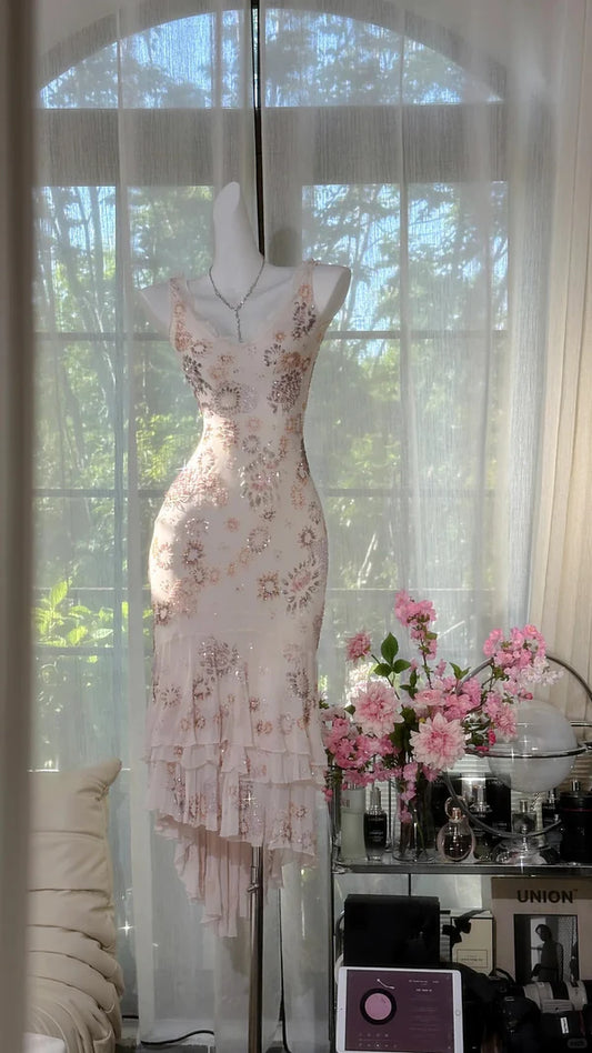 Ivory Exquisite Sheath Spaghetti Strap Floral Beaded Chiffon Homecoming Dress Cocktail Dress SH3773