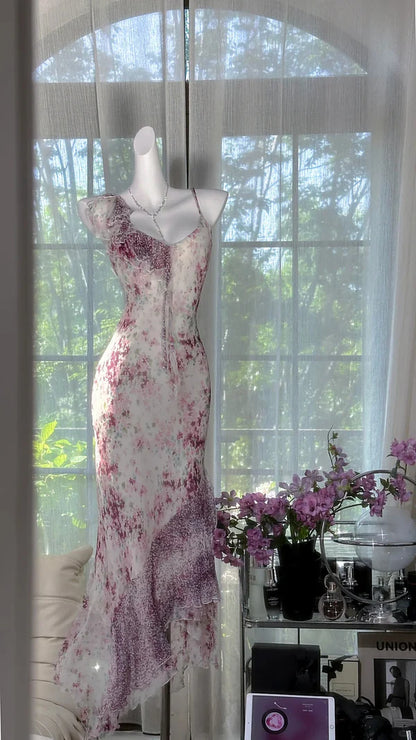 Flowy Purple Print Floral  Mermaid Spaghetti Strap Chiffon Prom Dress Evening Dress Formal Dress SH3777