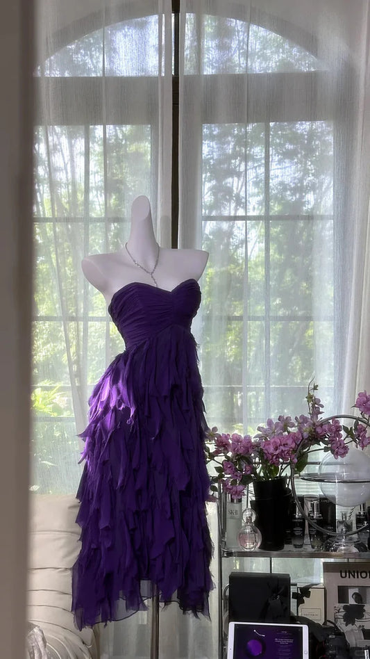Dark Purple A Line Sweetheart Neck Layered Chiffon Homecoming Dress Cocktail Dress SH3768