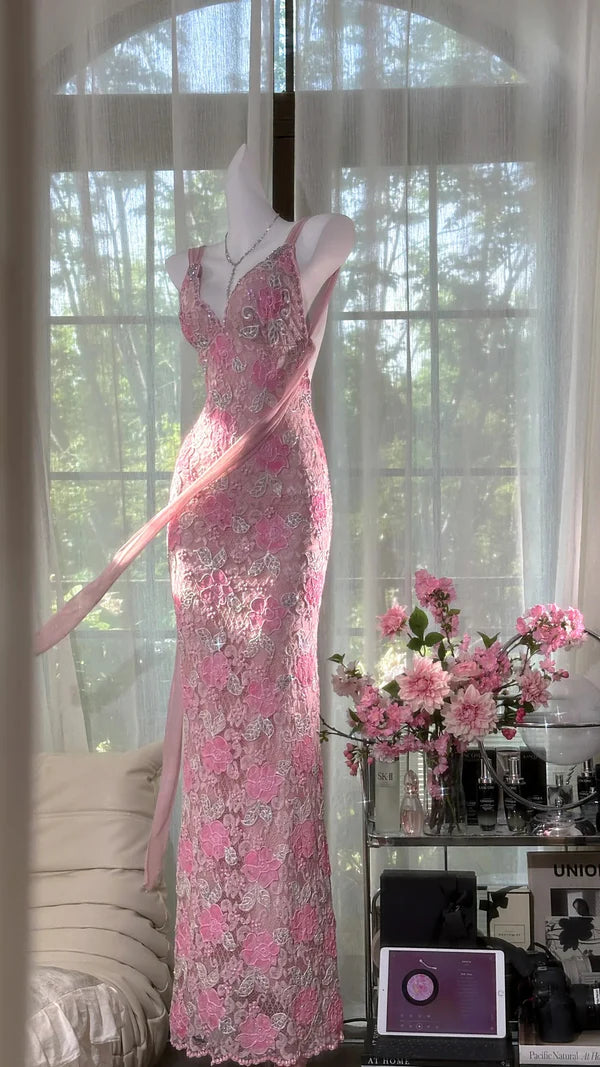 Dreamy Exquisite Pink Floral Lace Sheath Spaghetti Strap Prom Dress Evening Dress Formal Dress SH3779