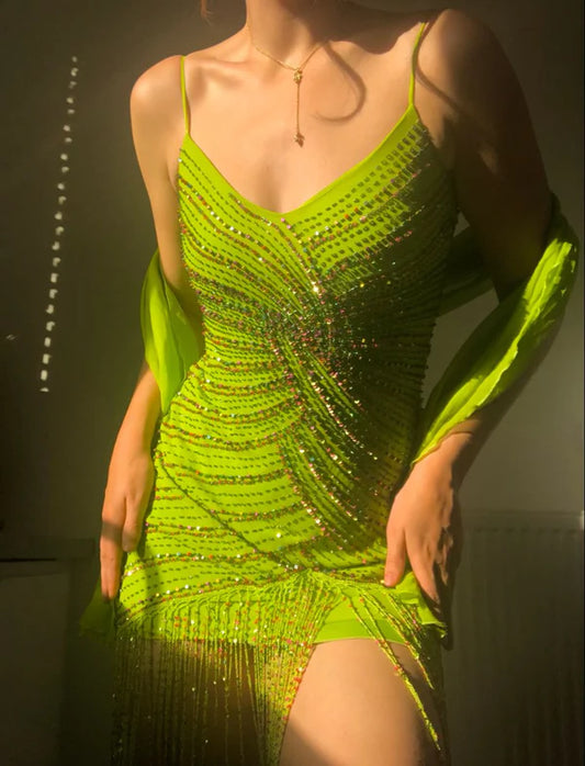 Green Sexy Sheath Spaghetti Strap Beaded Chiffon Mini Homecoming Dress Cocktail Dress SH3771