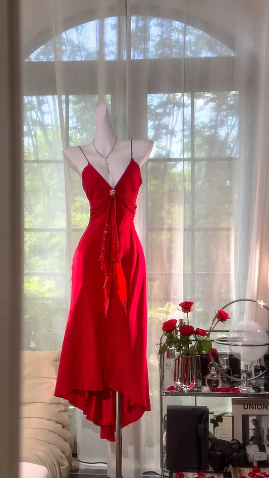Stunning Red Mermaid Spaghetti Strap Beaded Chiffon Homecoming Dress Cocktail Dress SH3767