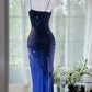 Ombre Blue Sheath Spaghetti Strap Beaded Chiffon Prom Dress Evening Dress Formal Dress SH3776
