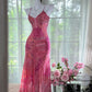 Pink Print Floral Mermaid Spaghetti Straps Chiffon Prom Dress Evening Dress SH3782