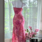 Pink Print Floral Mermaid Spaghetti Straps Chiffon Prom Dress Evening Dress SH3782