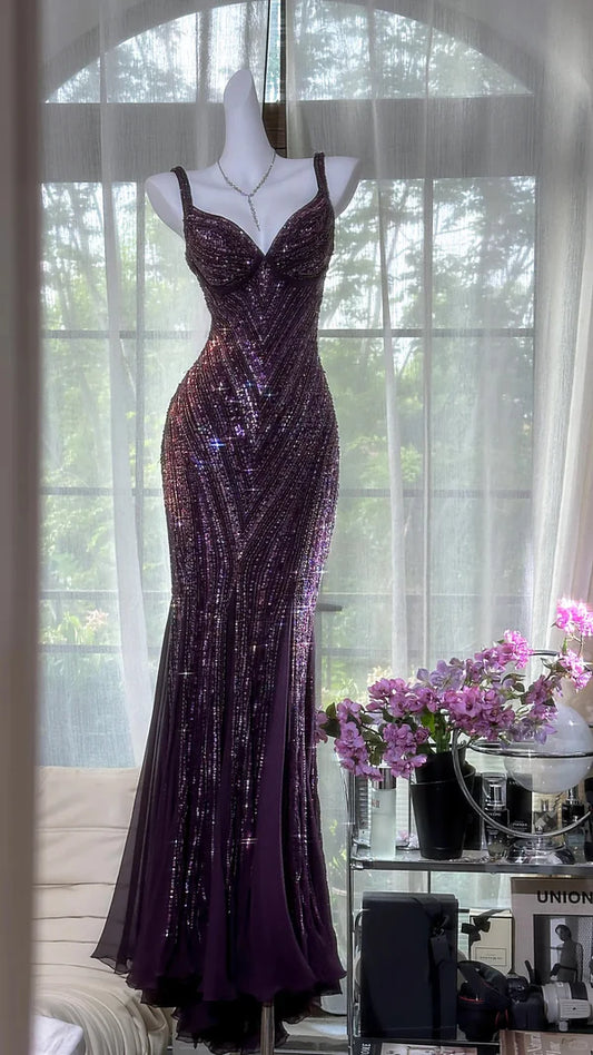 Exquisite Beaded Sequin Mermaid V Neck Chiffon Prom Dress Evening Dress Formal Dress SH3778