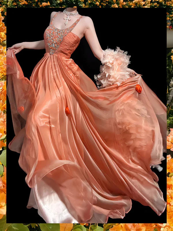 Stunning Orange A Line Straps Beaded Chiffon Prom Dress Party Dress SH3804