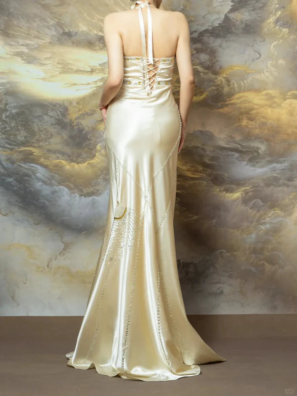 Light Champagne Mermaid Halter Beaded Satin Open Back Prom Dress Party Dress SH3803