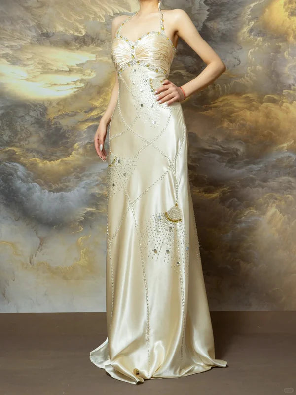 Light Champagne Mermaid Halter Beaded Satin Open Back Prom Dress Party Dress SH3803