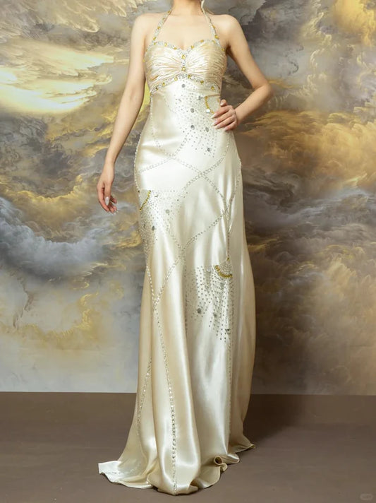 Light Champagne Mermaid Halter Beaded Satin Open Back Prom Dress Party Dress SH3803