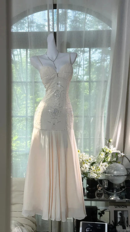 Ivory Rhinestone Mermaid Spaghetti Straps Chiffon Prom Dress Evening Dress SH3781