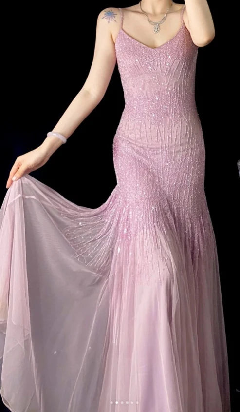 Lilac Mermaid Spaghetti Strap Beaded Chiffon Long Prom Dress Graduation Prom Dress SH2486
