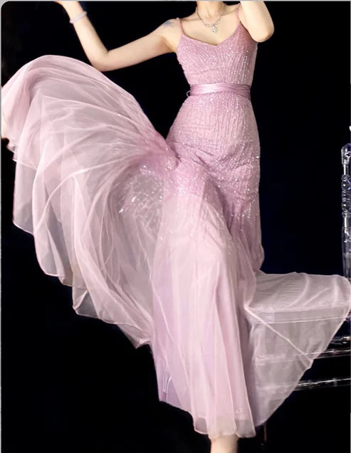 Lilac Mermaid Spaghetti Strap Beaded Chiffon Long Prom Dress Graduation Prom Dress SH2486