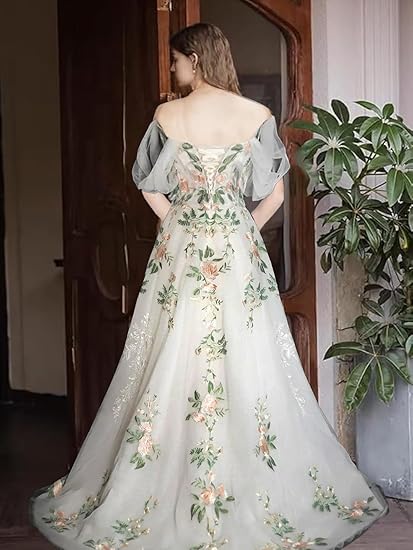 A Line Off Shoulder Tulle Lace Applique White Long Prom Dress Formal Dress SH3574