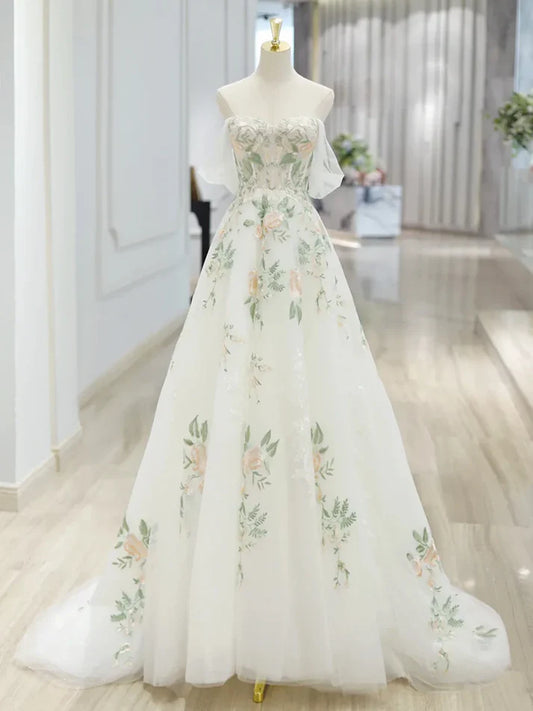A Line Off Shoulder Tulle Lace Applique White Long Prom Dress Formal Dress SH3574